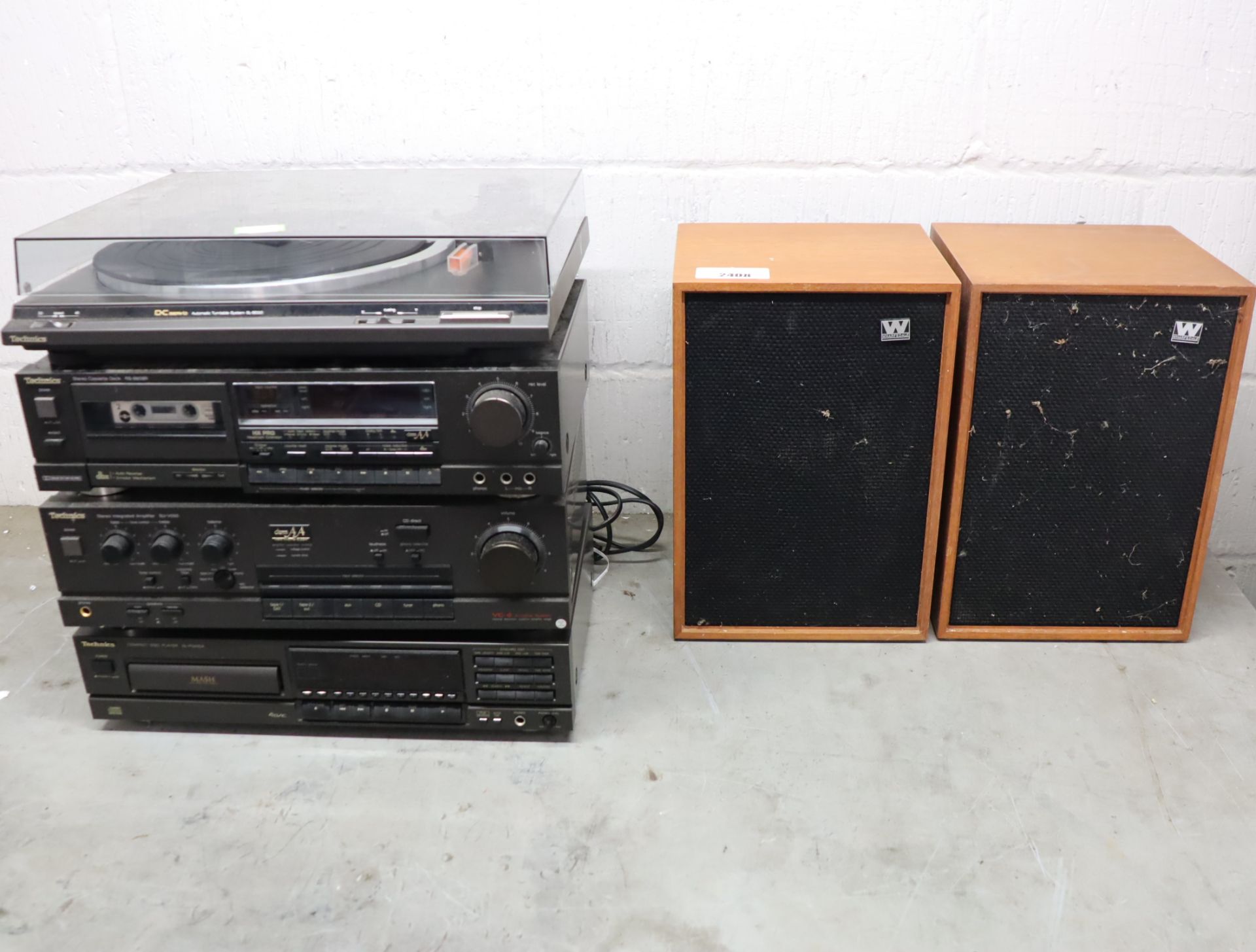 (25) Technics audio system stack with pair of wooden cased Wharfdale speakers