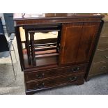 Reproduction mahogany TV cabinet with false drawers to base plus nesting pair of dark oak coffee