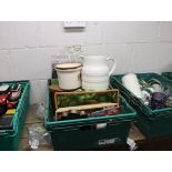 Crate of mixed housewares incl. pair of binoculars, jugs, wooden boxes, etc.