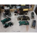 Collection of 8 vehicles incl. home and colonial stores wagon, various green vintage racing cars and