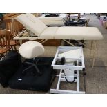 Collection of massage equipment incl. 2 folding beds, mobile stool and other various accessories