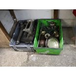 2 crates, 1 containing pump and vintage table saw, 1 containing metalwares and wooden items