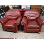 Red leather upholstered lounge suite comprising 2 seater sofa and 2 armchairs