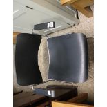 (2099) 2 metal framed chairs with black plastic seats, backs and arms