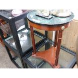 Wooden and brass circular side table with green mottled surface