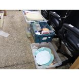 (2246) 4 crates of housewares incl. fabric, storage jars, platters and other kitchenware