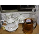 Lord Nelson Pottery HMS Victory tankard, glass decanter and 3 items of floral decorated dinner ware