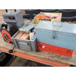 Various tooling incl. 25m extension lead, Honeywell heater, red and grey toolboxes and contents of