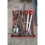 Tray of assorted tools incl. trimmers, hammers and foot pump