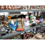 Shelf of mixed collectibles incl. trophies, coloured glass, Christmas decorations, etc.