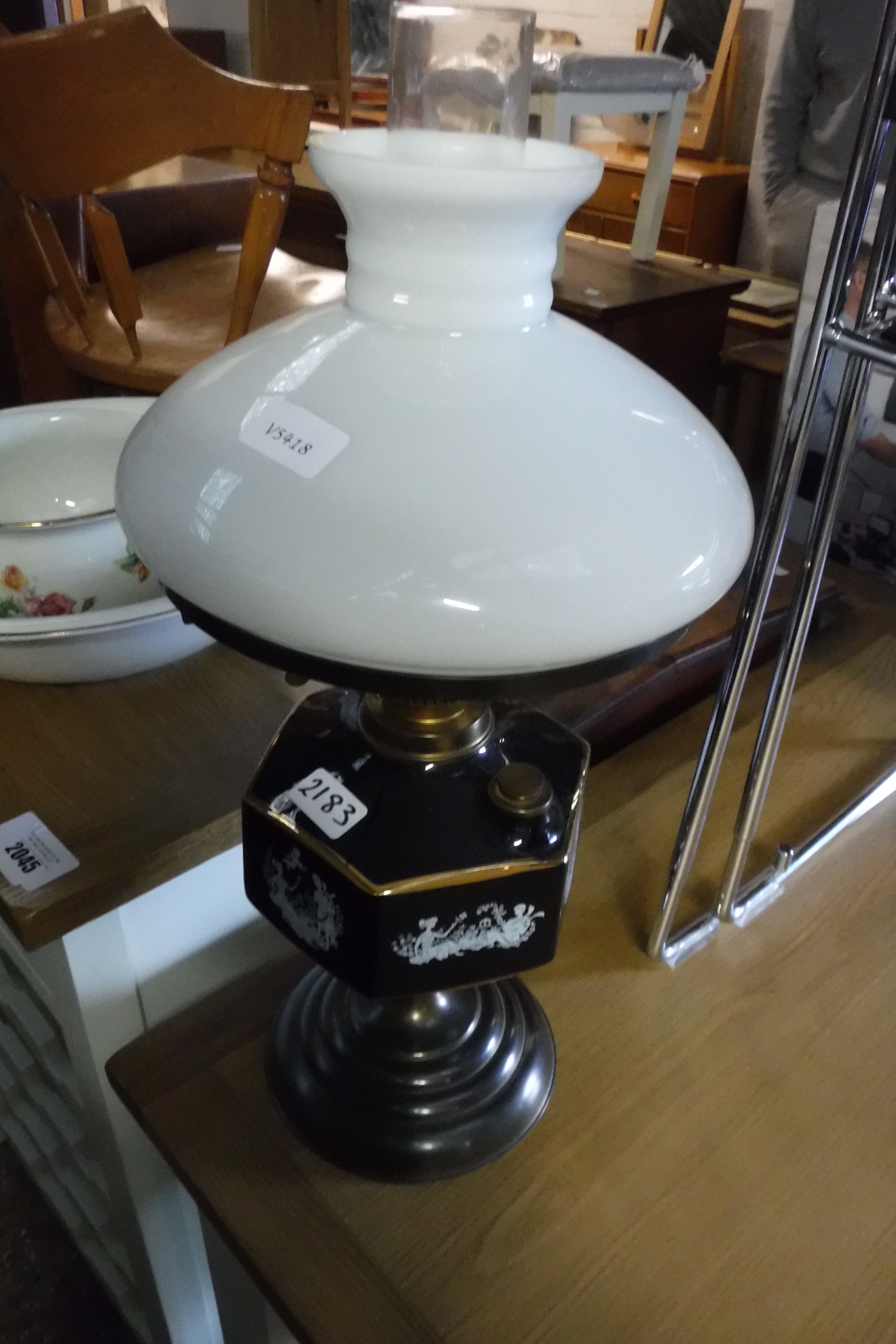 black and gilt oil lamp base with funnel and shade