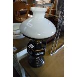 black and gilt oil lamp base with funnel and shade