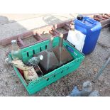 Green crate containing vintage oil accessories incl. 2 Castrol glass bottles, oil can, funnels