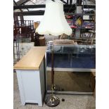 Wooden and brass standard lamp with tapered cream shade