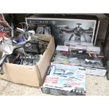 Box containing loose drones, boxed X Ultimate drone and 6 other remote control toys