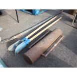 Fence post rammer with fence post hole digging spade and pair of fencing spoons