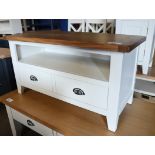 Off-white single drawer entertainment stand with oak surface