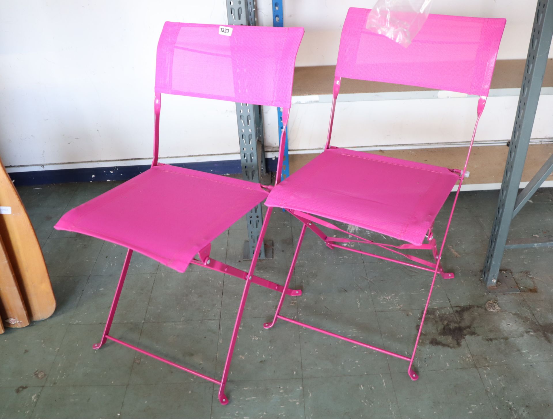 2 pink metal mesh folding garden chairs