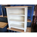 Off-white open front bookcase with oak top