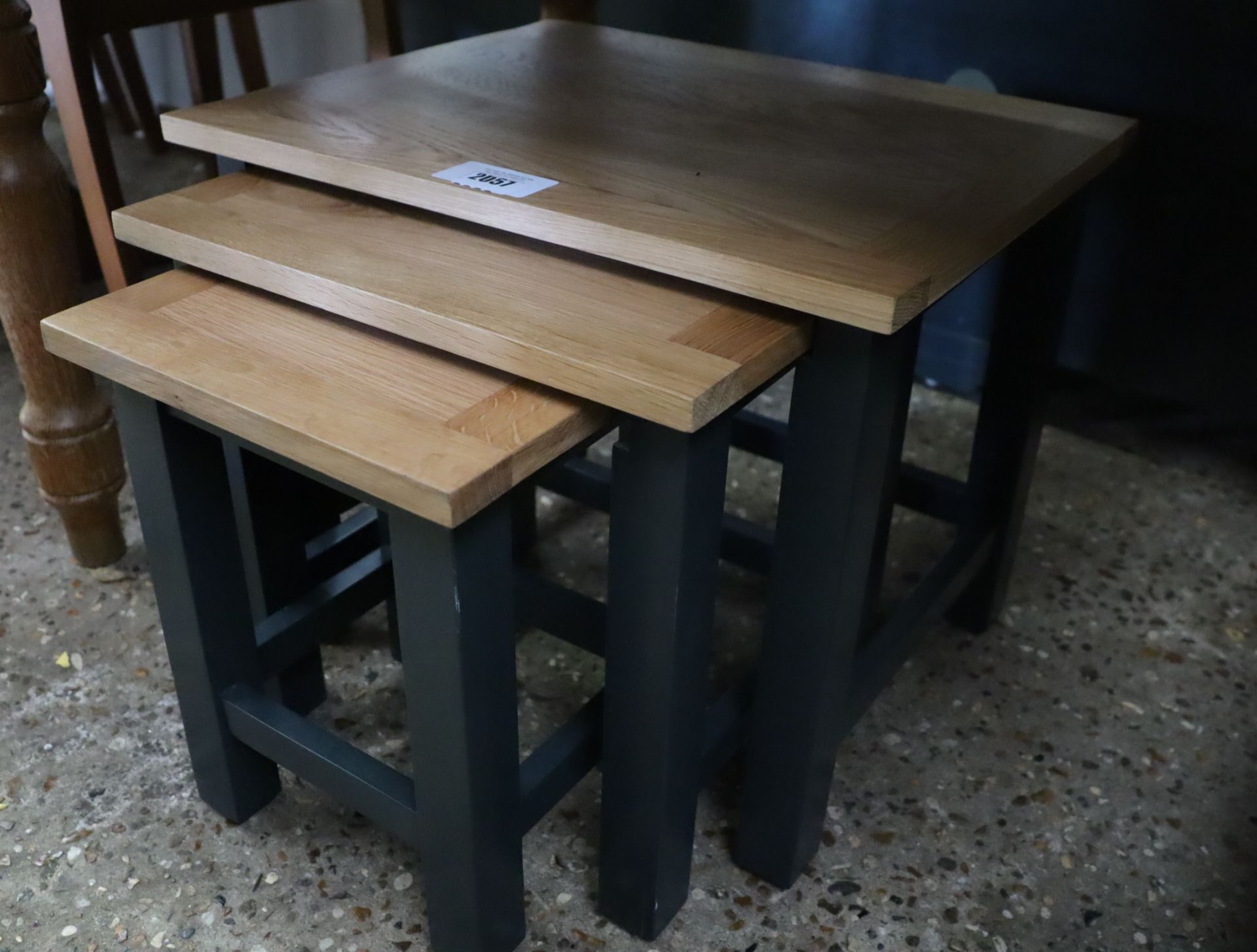 Dark blue nest of 3 oak top coffee tables