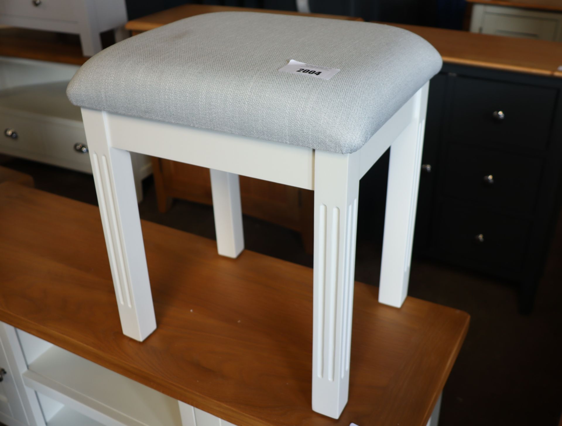 Off-white dressing table stool with grey upholstered