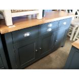 Dark blue sideboard with arrangement of 3 cupboards and 3 drawers and oak surface