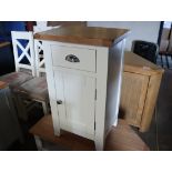 Off-white single drawer bedside cupboard with oak surface