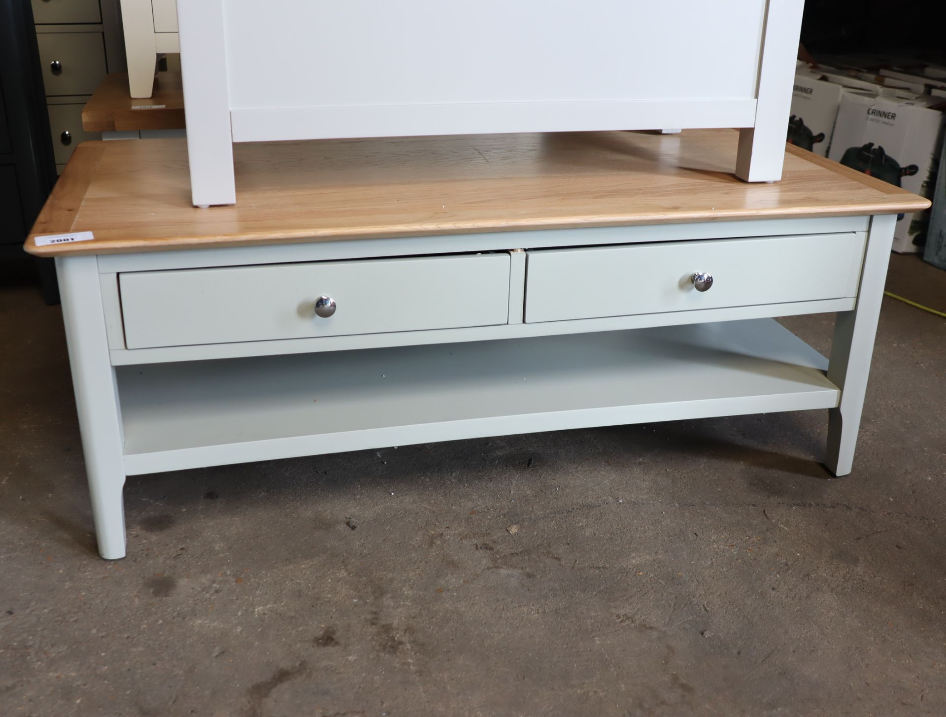 Low level grey coffee table with 2 drawers and oak surface