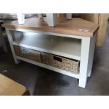Off-white corner entertainment unit with 2 rattan drawers and oak surface
