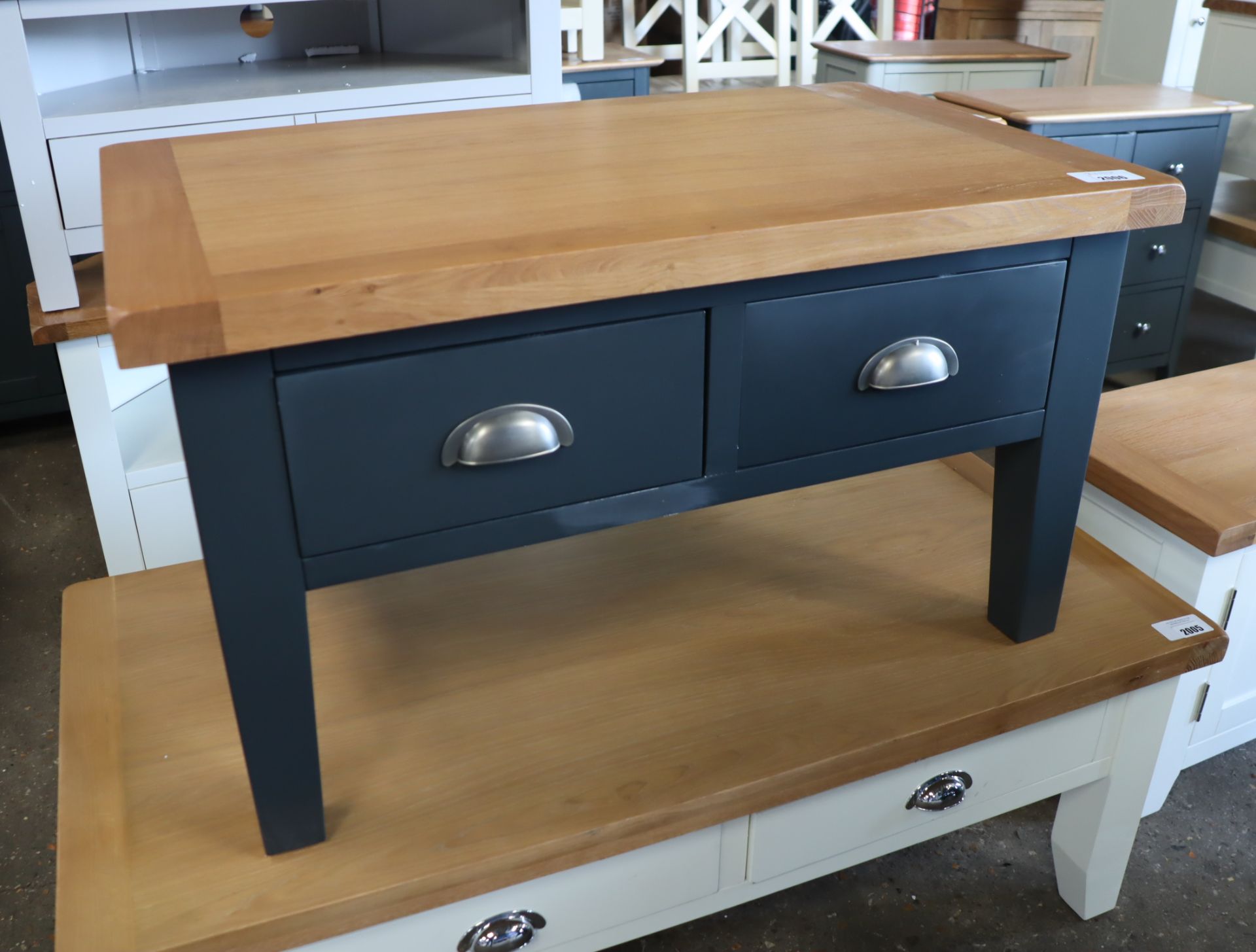 Dark blue coffee table with 2 drawers and oak surface