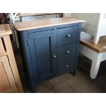 Dark blue mini sideboard with single door, 3 drawers and oak surfaces