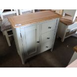 Sage coloured mini sideboard with single door, 3 drawers and oak surface