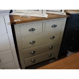 Mocha coloured chest of 2 over 3 drawers with oak surface