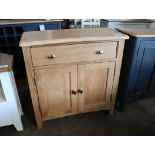 Modern light oak mini sideboard with single drawer and 2 cupboards (significant damage to left edge)