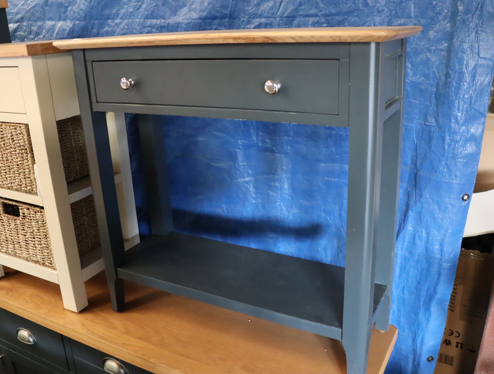 Dark blue single drawer side table with oak surface