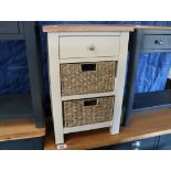 Off-white single drawer hall table with 2 further rattan storage drawers below and oak surface