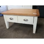 Off-white coffee table with 2 drawers and oak surface