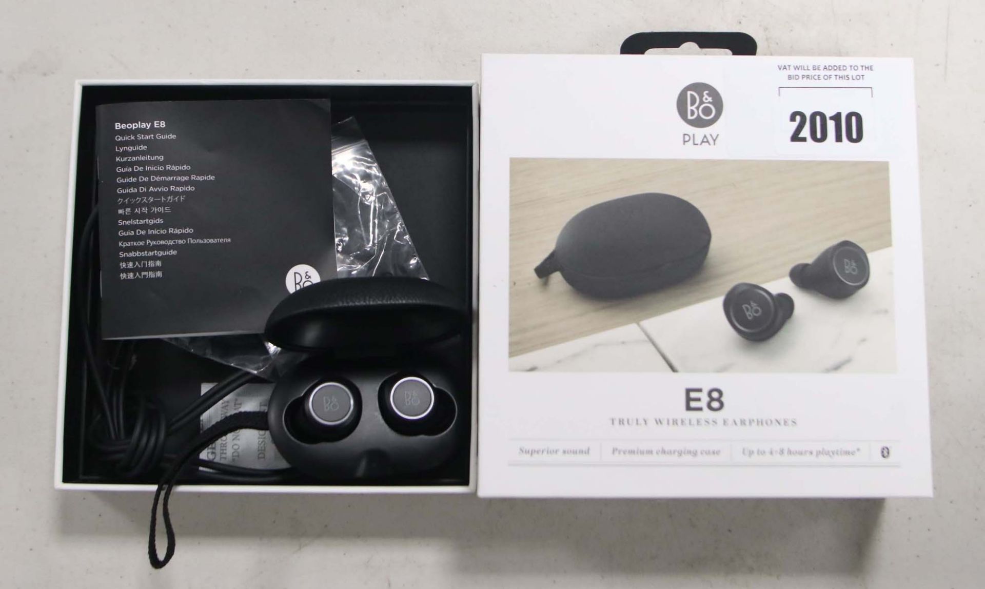 Bang & Olufsen E8 wireless earphones with charging case and box