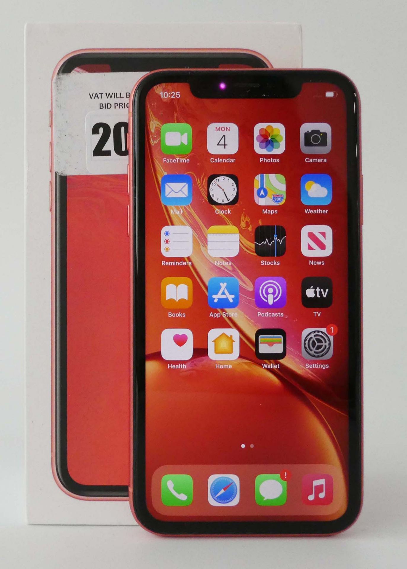 iPhone XR 64GB Coral smartphone with box, charger and EarPods