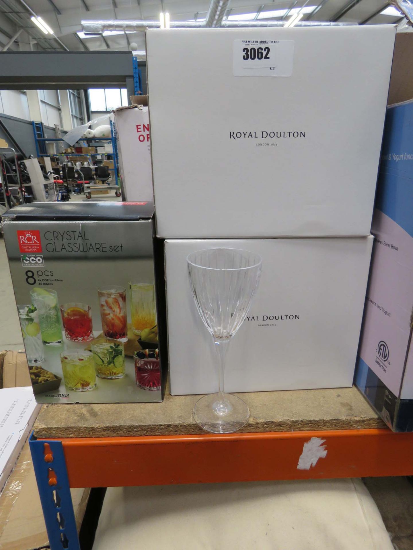 2 boxed Royal Doulton wine glass sets with box of RCR glassware