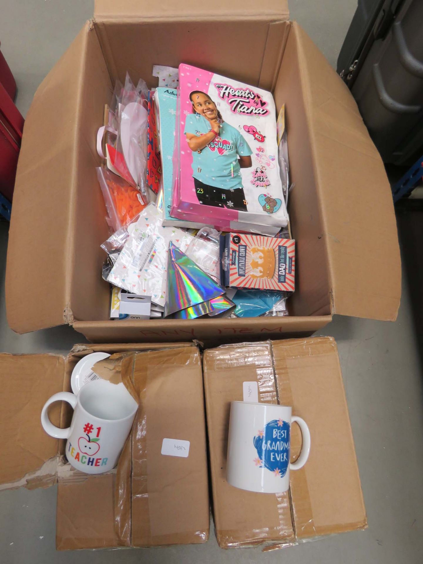 4 boxes of various mugs and box of party items
