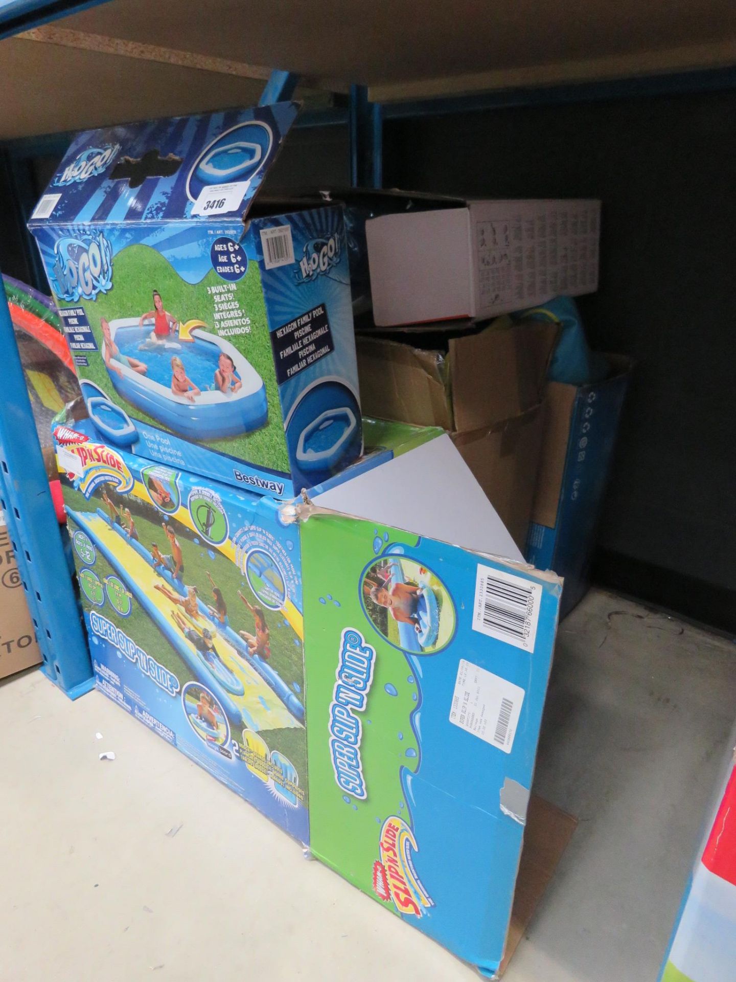 2 boxed plus 1 unboxed slip and water slides plus an H2 go hexagon pool