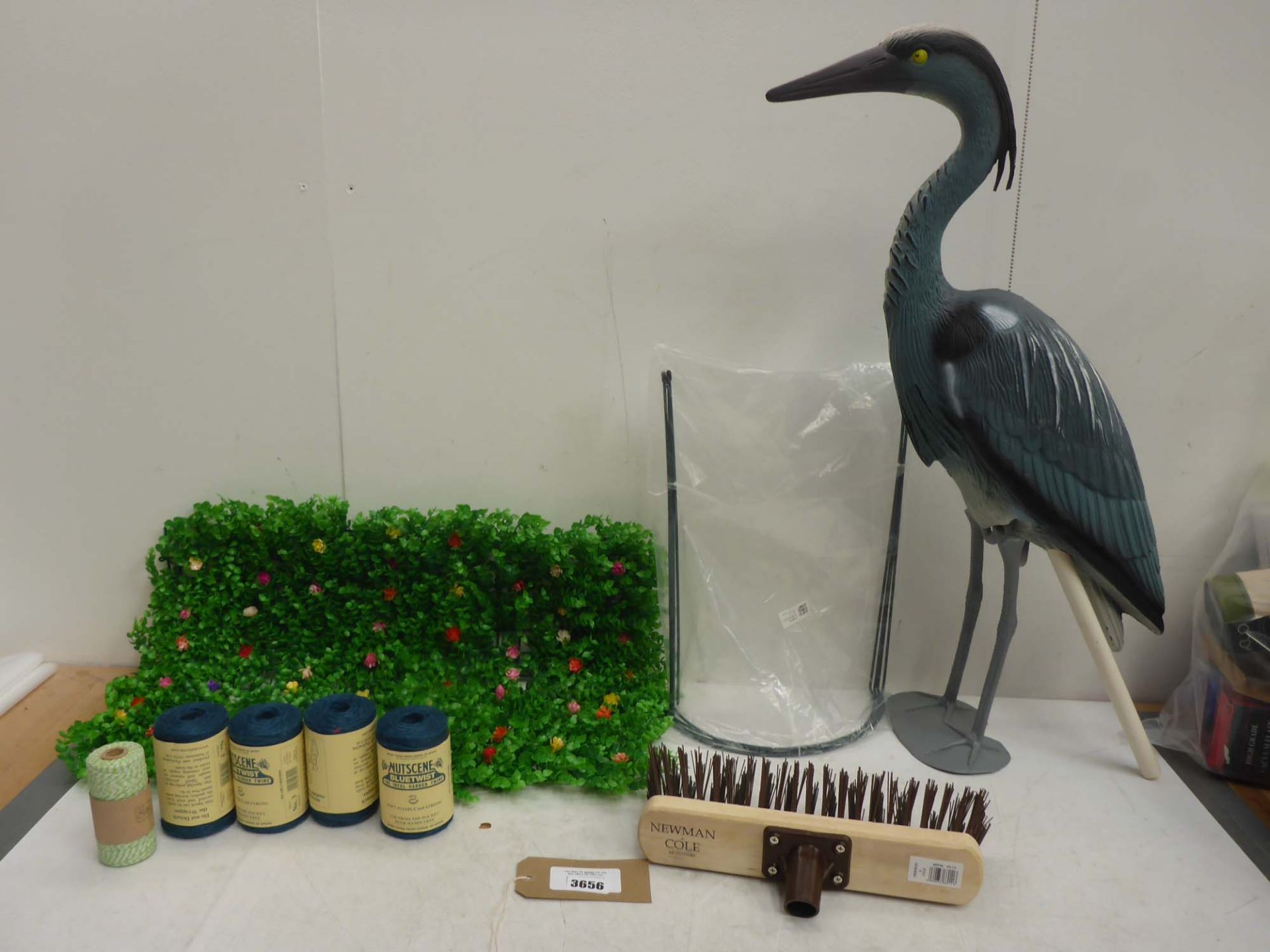 Fish pond Heron decoy, Newman & Cole brush head, garden twine, privacy screen and plant trainers
