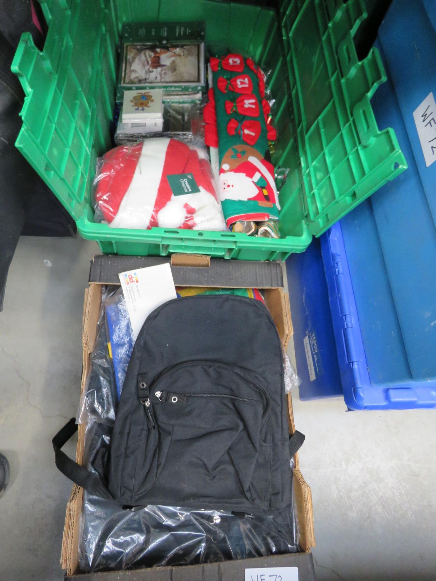 Tray of various bags plus a box of mixed Christmas decorations