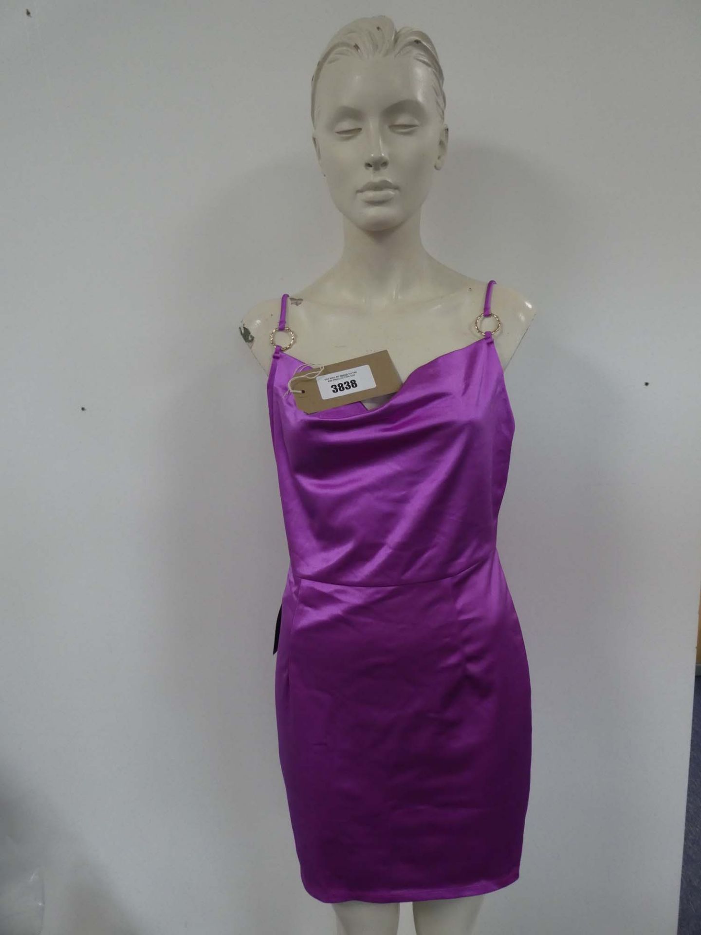 Bebe cowl neck ring detail dress in radiant orchid, size large