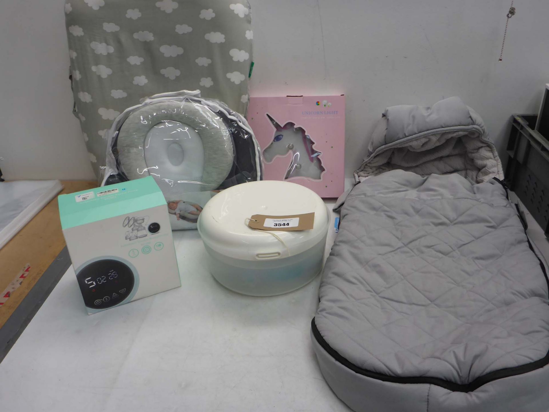 Babymoov sleep aid and one other, push, Uppababy pushchair liner, Tommee Tippee microwave steriliser