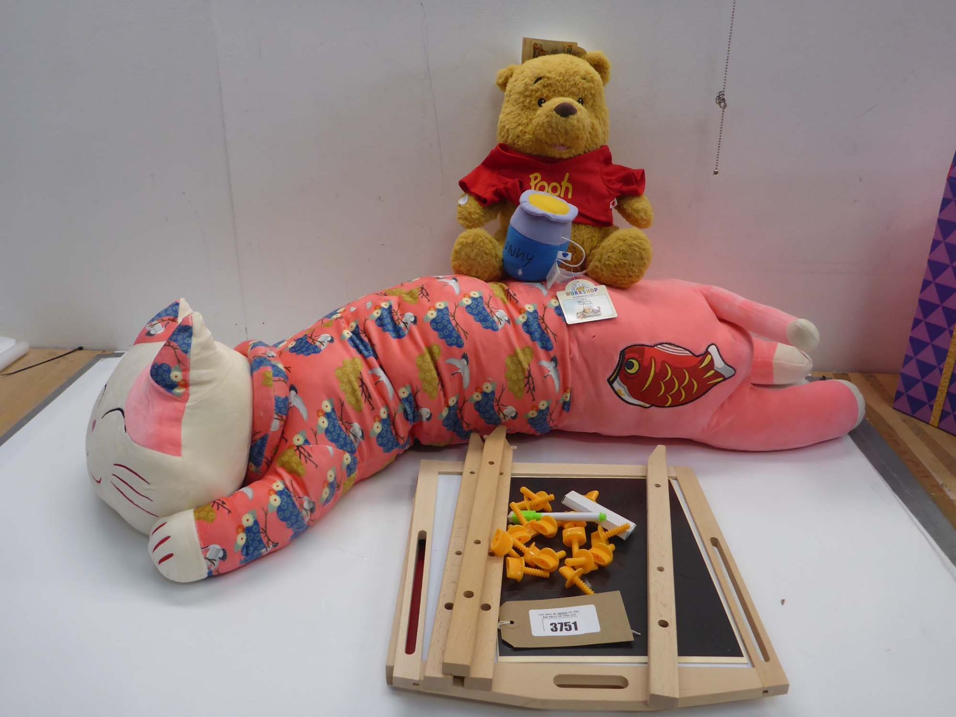 Workshop Pooh Bear, large soft cuddly cat toy and flat pack blackboard