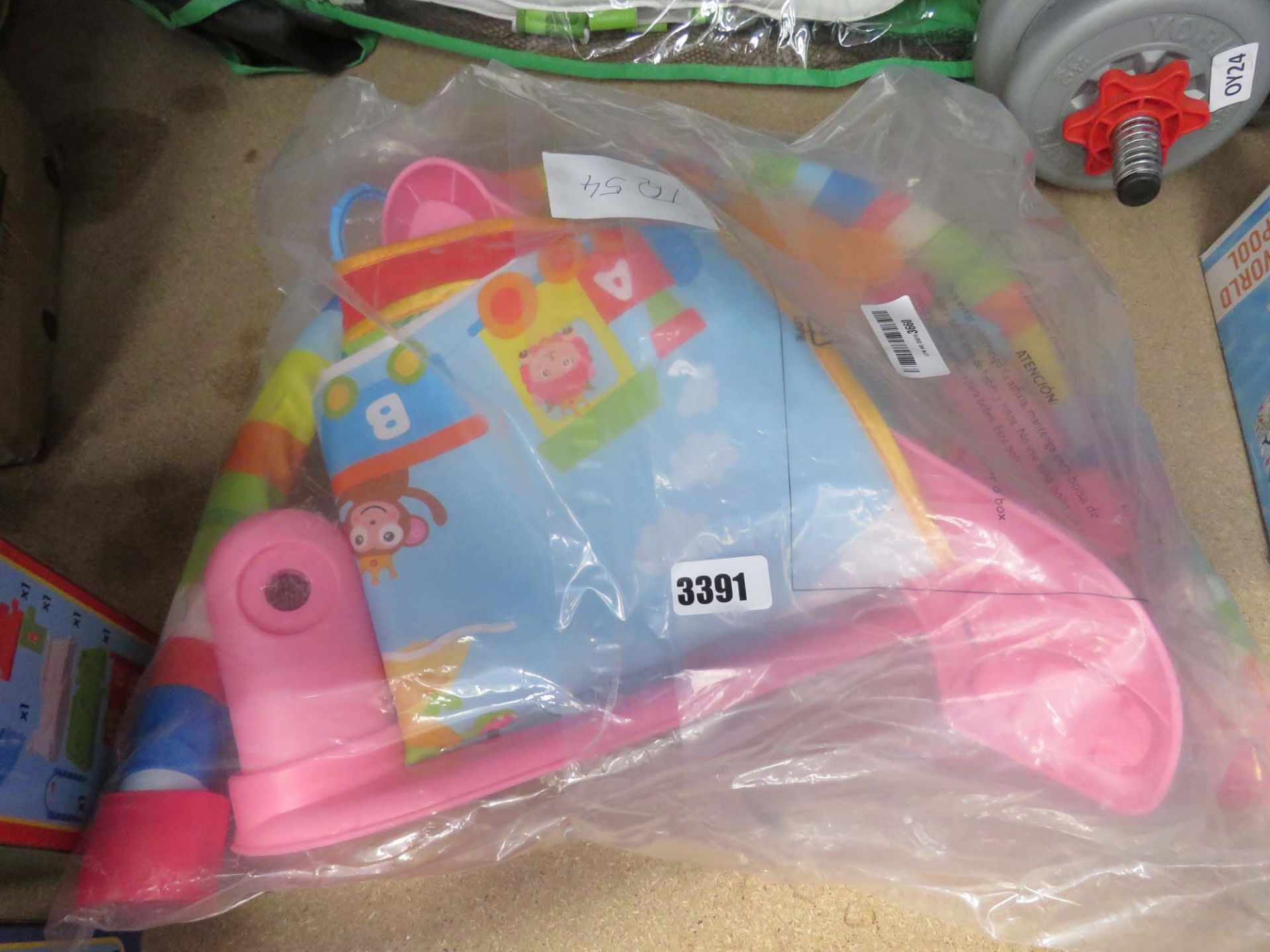 Bag containing baby play mat and toys