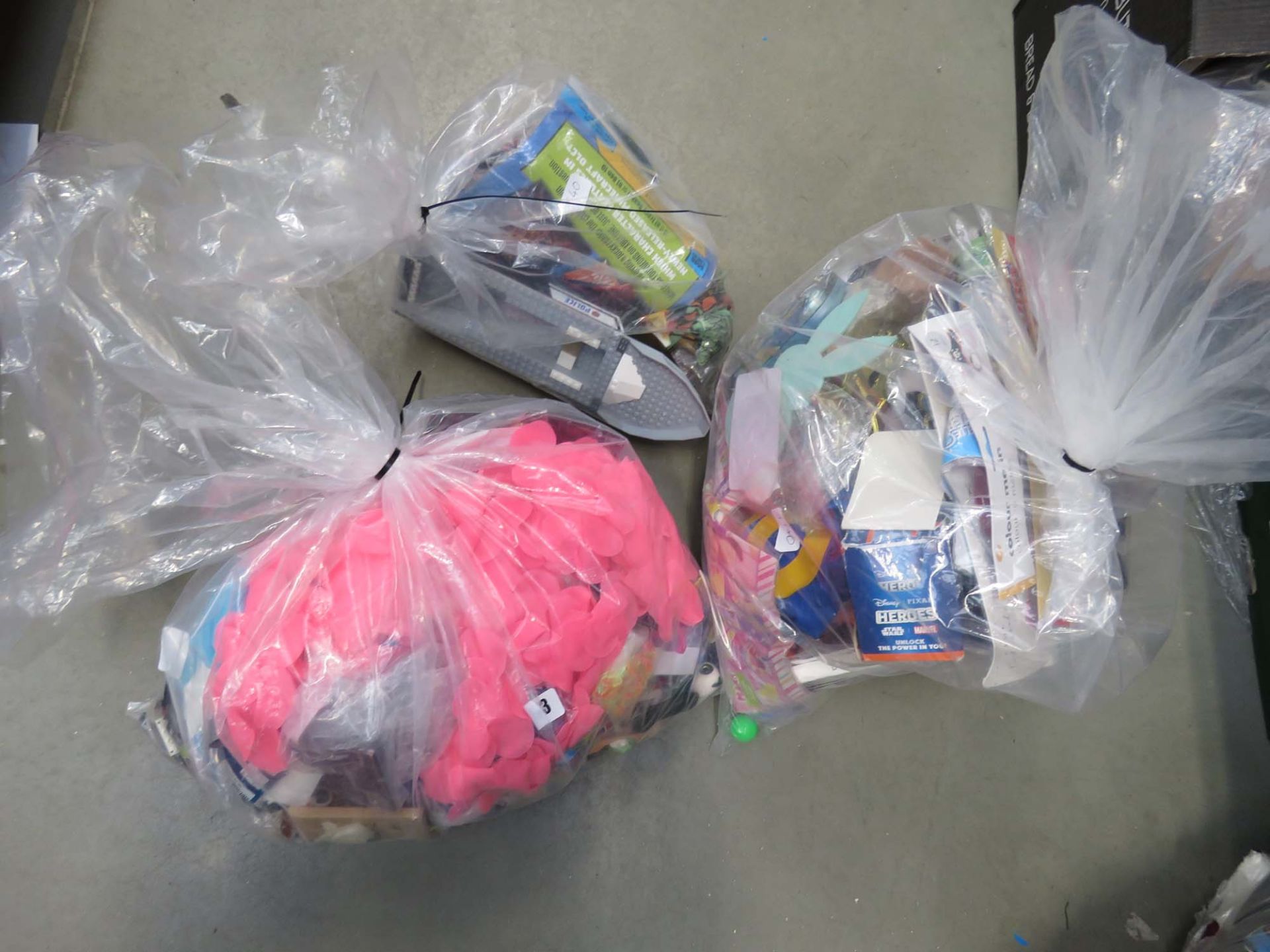3 bags containing mixed toys, novelty items, etc.