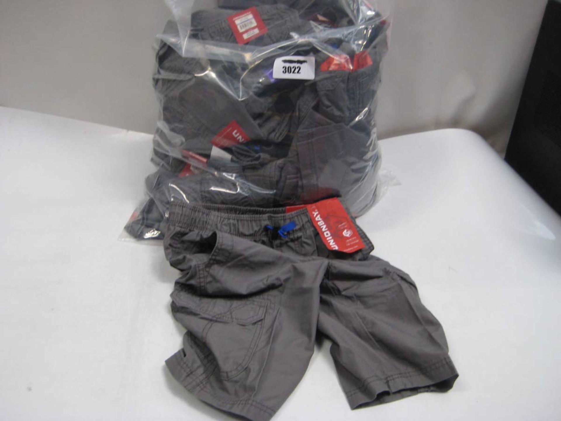 Large bag containing childrens Unionbay shorts in grey, various sizes.